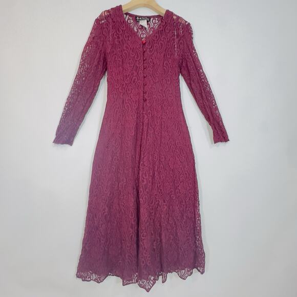 Vintage All That Jazz Burgundy Lace Maxi Dress Slip Set V-Neck Long Sleeve 7/8 - Picture 3 of 10